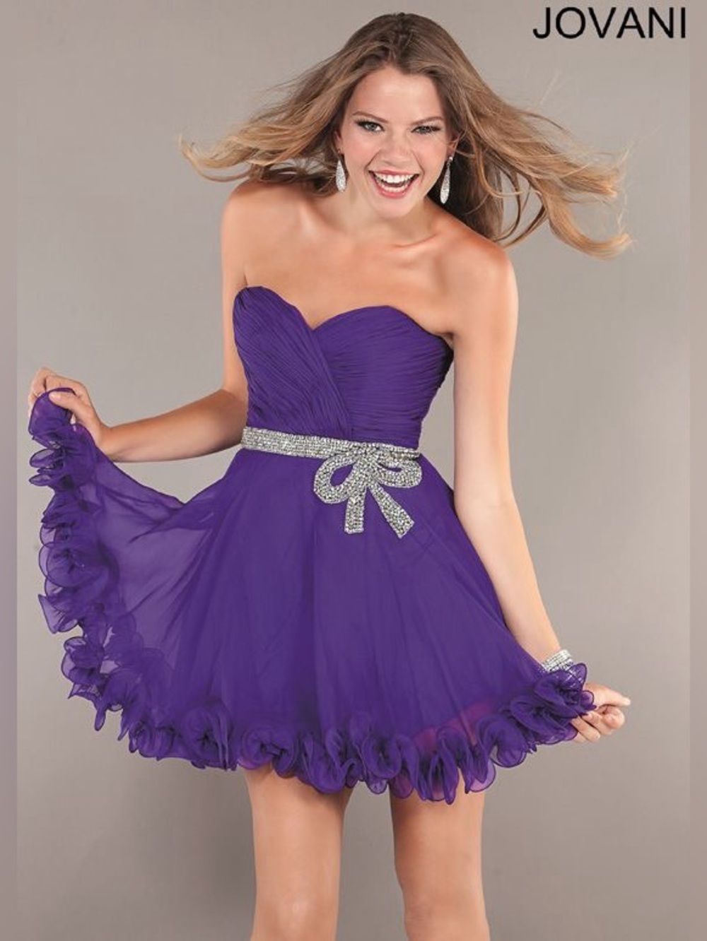 Jovani Purple Strapless Chiffon Mini Dress with Crystal Bow Belt